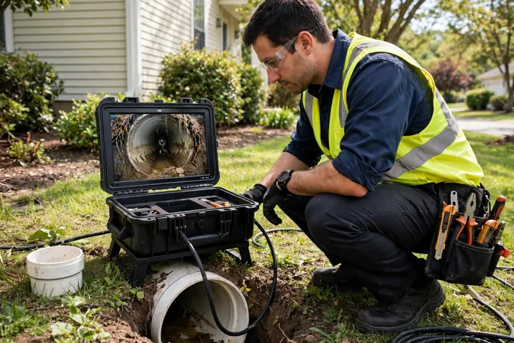 Camera monitor showing roots in a pipe