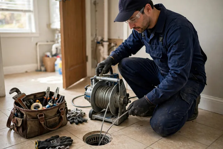 Drain cleaning machine at a floor drain