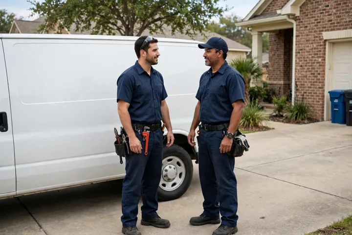 Crew beside a wrapped van at a home
